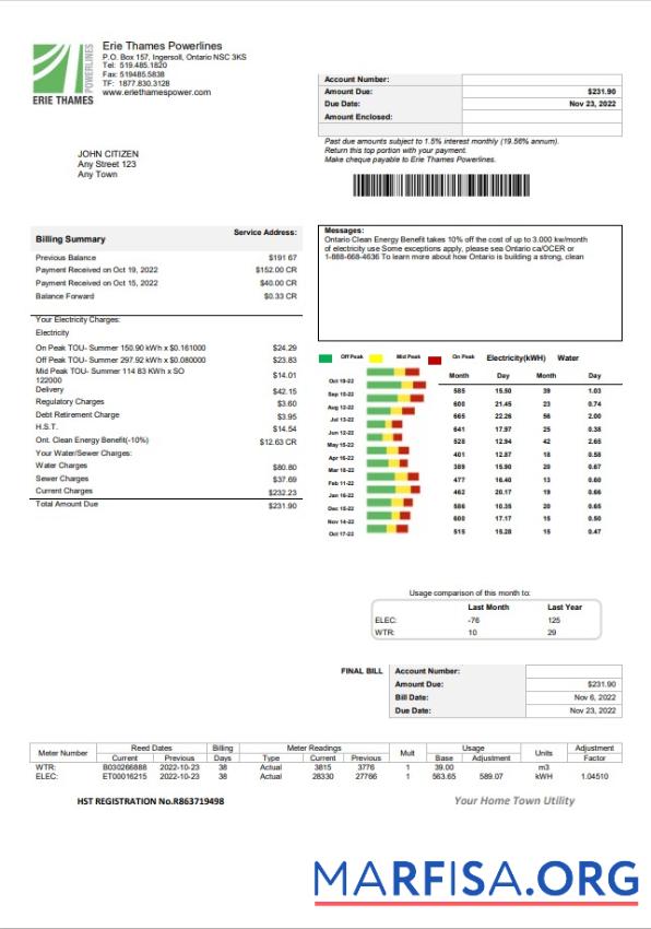Realistic USA Ontario Erie Thames utility bill template in Word and PDF format